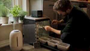 Hobbyist adjusting mushroom growing sensors