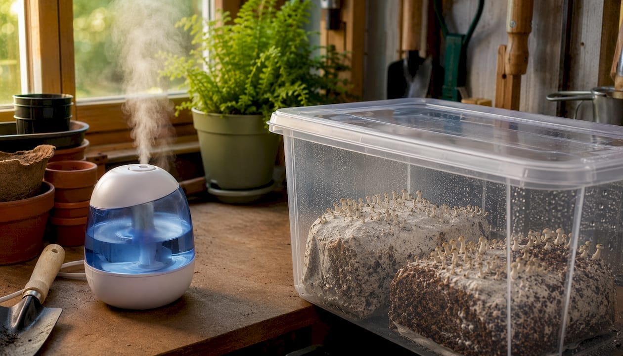 Close-up of humidifier and mushroom fruiting chamber