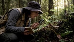 Mycologist examining mushroom fruiting bodies in forest