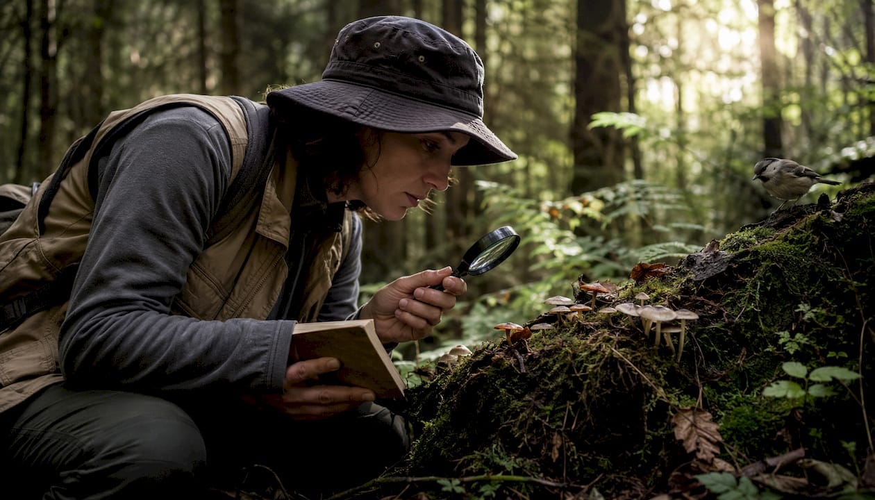 Mycologist examining mushroom fruiting bodies in forest