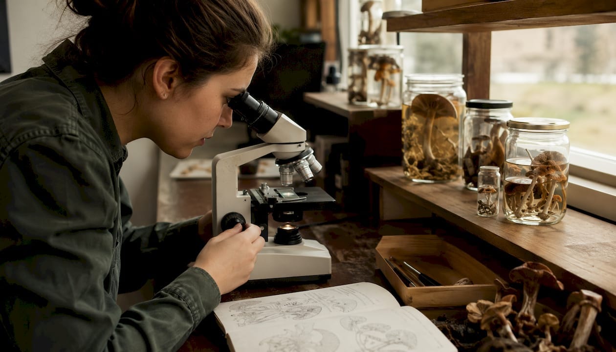 Microscope view of fungal tissue sample with researcher