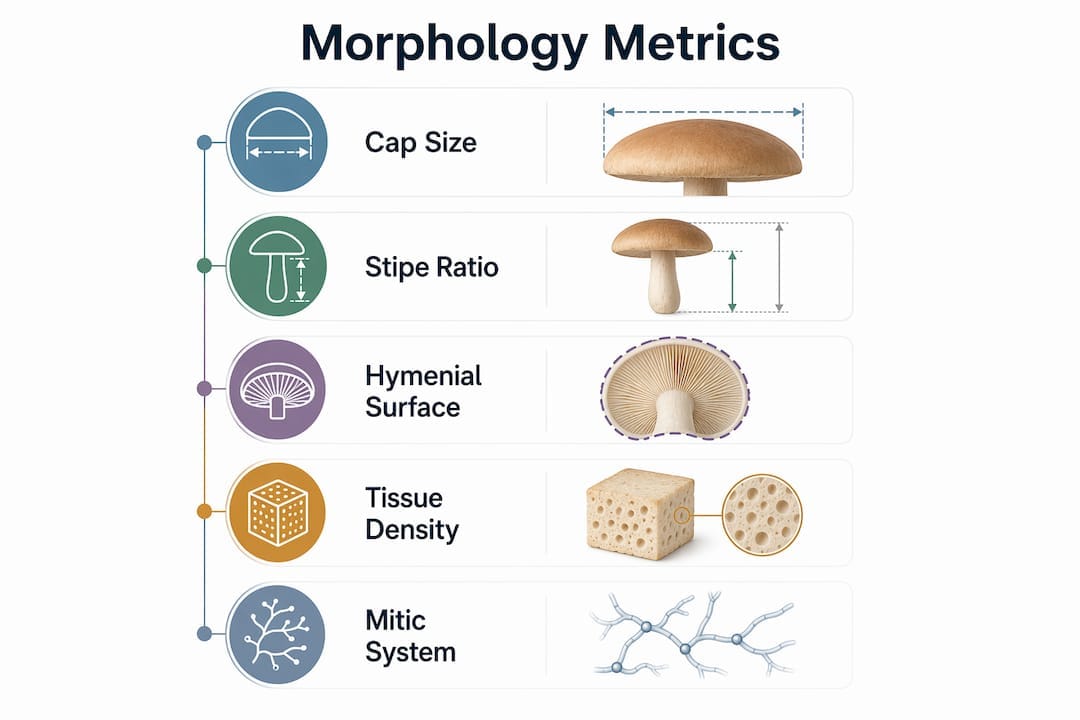 Infographic showing key fruiting body measurement steps