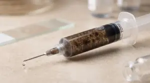 A close-up photograph of a clear plastic spore syringe resting on a sterile laboratory stone surface