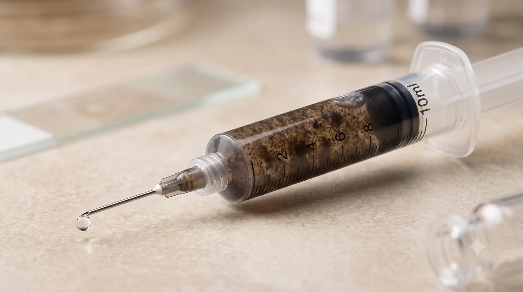A close-up photograph of a clear plastic spore syringe resting on a sterile laboratory stone surface