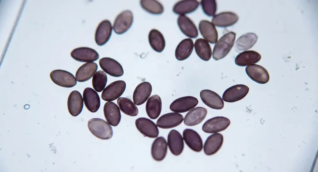 High-magnification microscopy photograph of Psilocybe cubensis fungal spores on a glass slide, as seen through a compound laboratory microscope.