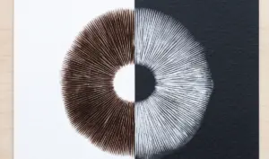 A top-down photograph showing a circular mushroom spore print split across two different papers. The left half is on textured white paper and displays a dark brown spore print. The right half is on black textured paper and displays a white spore print. Both sides show the radiating gill pattern, resting on a light wood grain surface.