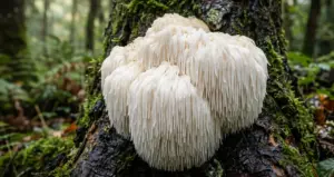 Lion's Mane mushroom growing naturally in a lush, green British woodland, displaying its unique, icicle-like cascading spine structure on a mossy tree trunk.