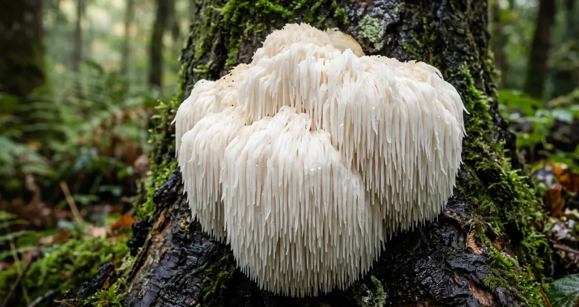 Lion's Mane mushroom growing naturally in a lush, green British woodland, displaying its unique, icicle-like cascading spine structure on a mossy tree trunk.