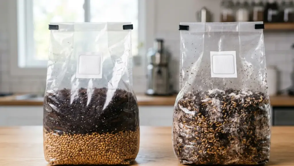 Side-by-side comparison of two clear plastic mushroom grow bags on a wooden kitchen worktop. The left bag shows distinct, neatly layered golden grain spawn at the bottom and dark brown substrate on top. The right bag contains fully mixed grain and substrate with visible white mycelium colonisation.