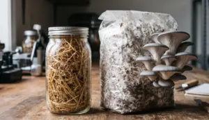 A close-up photograph in a rustic workshop, showing a glass mason jar filled with dry straw substrate next to a mycelium-colonised grow bag with a cluster of fresh blue oyster mushrooms sprouting from the side.
