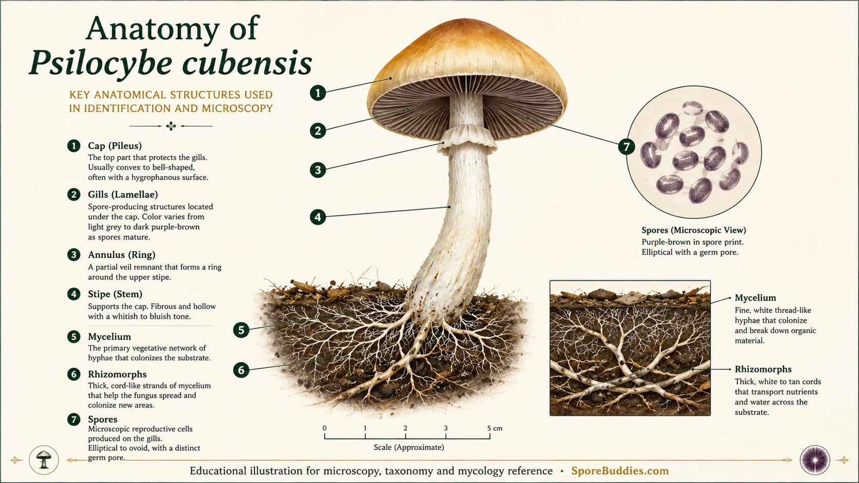 Labelled scientific anatomy illustration of Psilocybe cubensis showing the cap, gills, annulus, stipe, mycelium, rhizomorphs and microscopic spores.