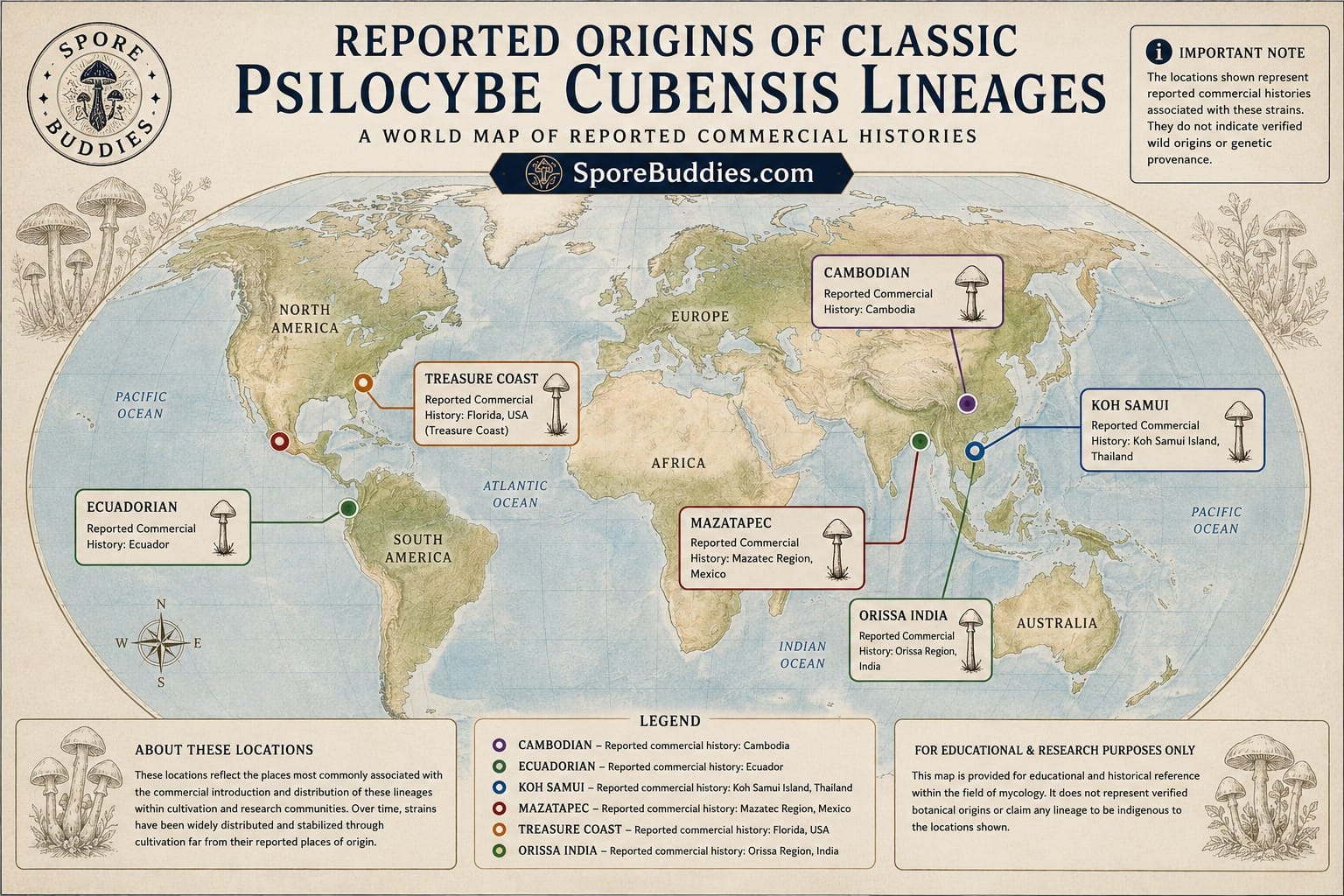 Scientific world map showing the reported commercial histories associated with Cambodian, Ecuadorian, Koh Samui, Mazatapec, Treasure Coast and Orissa India Psilocybe cubensis lineages.