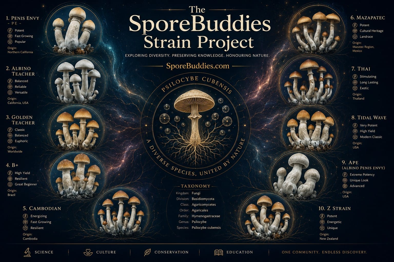 Scientific infographic showing ten recognised Psilocybe cubensis strains arranged around a central taxonomy diagram for The SporeBuddies Strain Project.