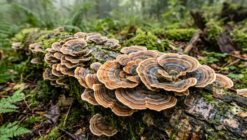 A close-up, atmospheric photograph taken in a misty British woodland. It features a lush, moss-covered hardwood log, densely populated by multiple clusters of fan-shaped Turkey Tail (Trametes versicolor) mushrooms.