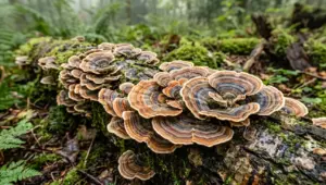 A close-up, atmospheric photograph taken in a misty British woodland. It features a lush, moss-covered hardwood log, densely populated by multiple clusters of fan-shaped Turkey Tail (Trametes versicolor) mushrooms.