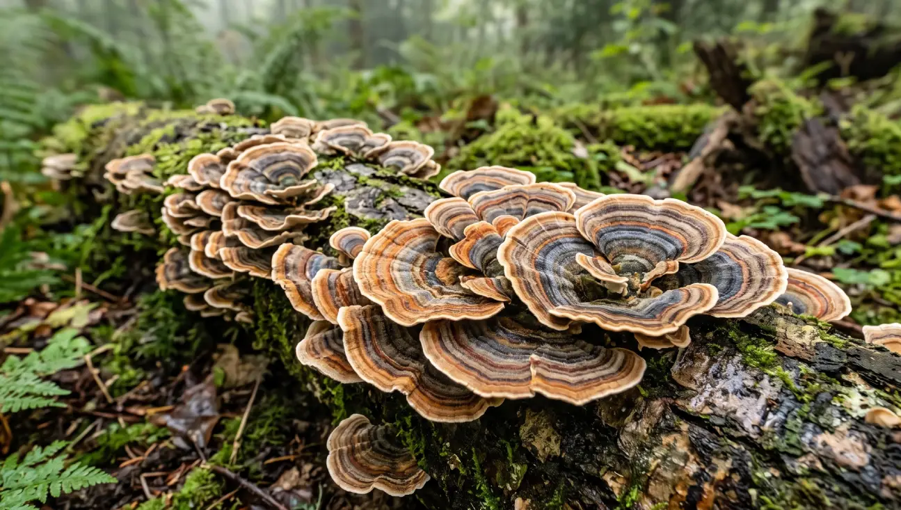 A close-up, atmospheric photograph taken in a misty British woodland. It features a lush, moss-covered hardwood log, densely populated by multiple clusters of fan-shaped Turkey Tail (Trametes versicolor) mushrooms.