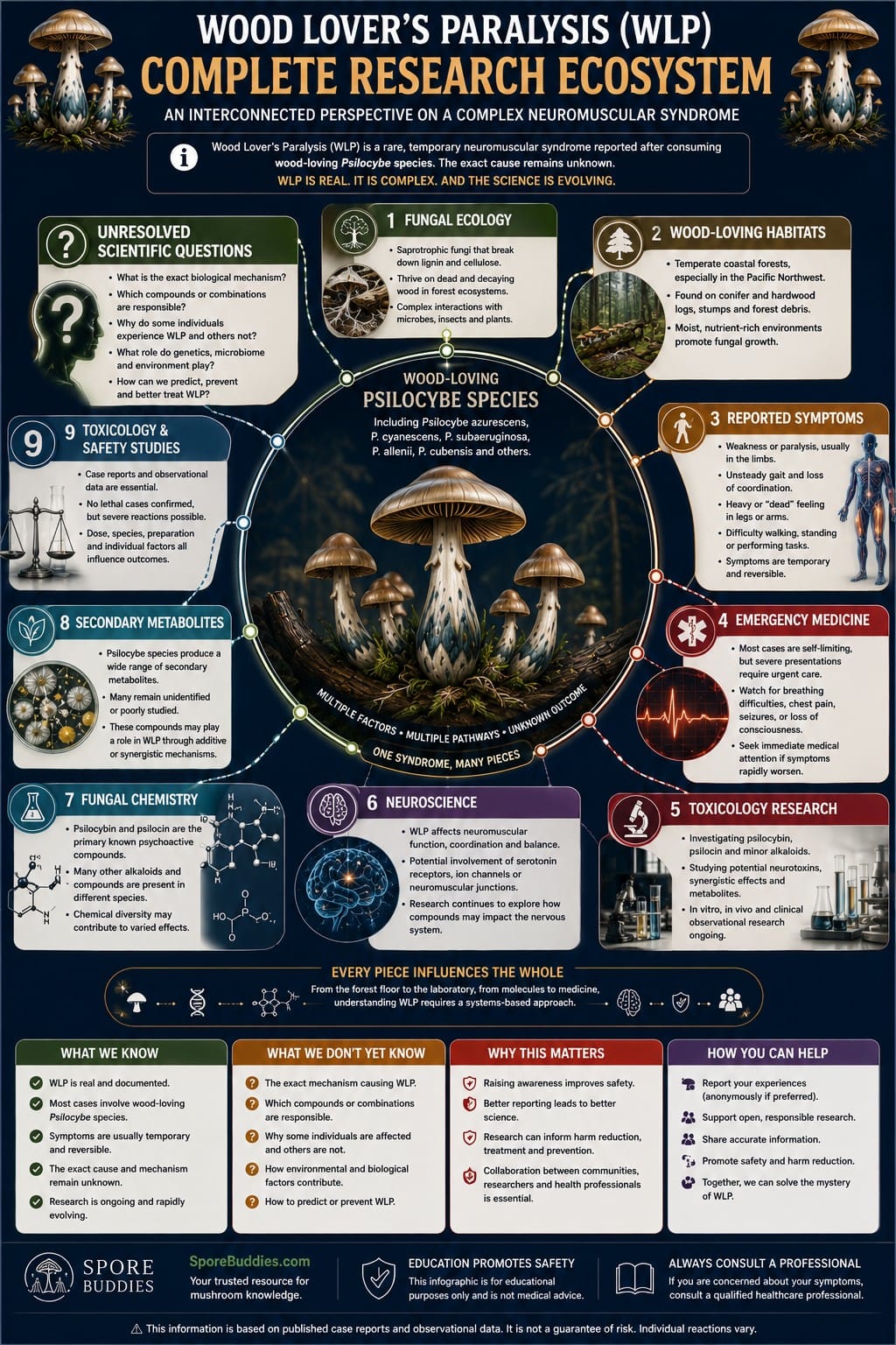 Wood Lover's Paralysis Research Ecosystem | Complete Scientific Overview Comprehensive circular infographic connecting fungal ecology, mushroom chemistry, neuroscience, toxicology, emergency medicine and unresolved scientific questions surrounding Wood Lover's Paralysis.