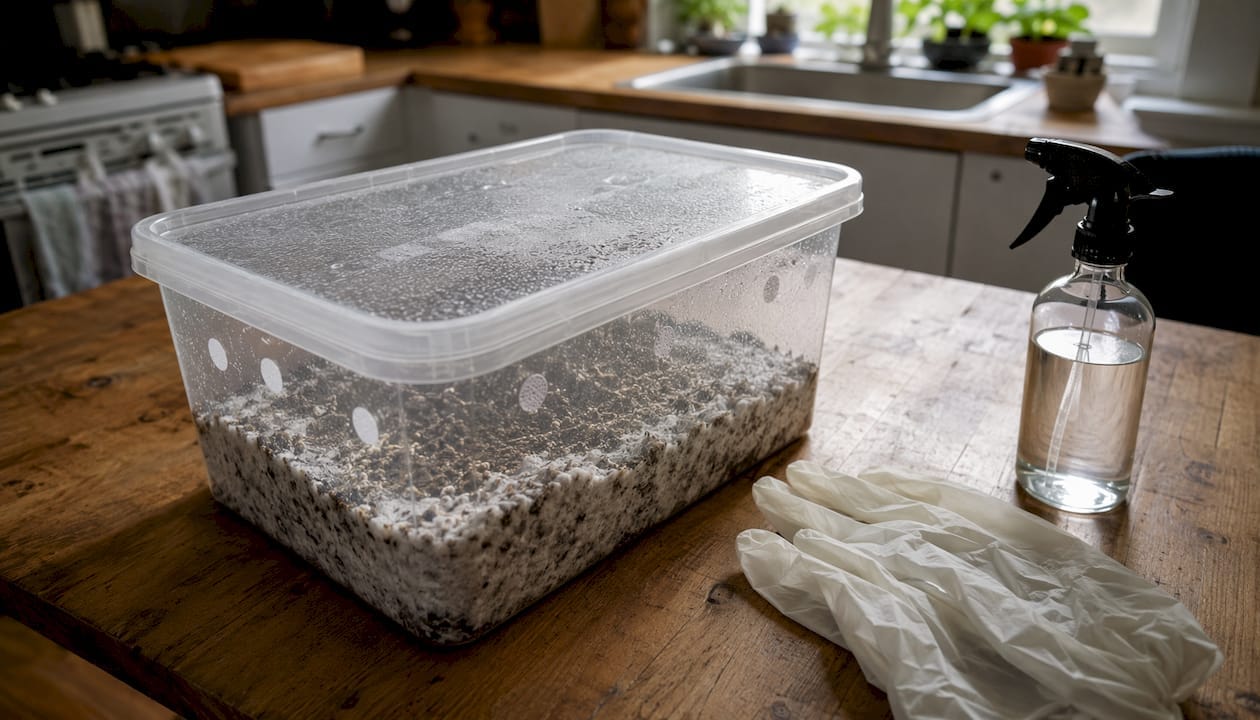 Close-up of monotub mushroom growing container