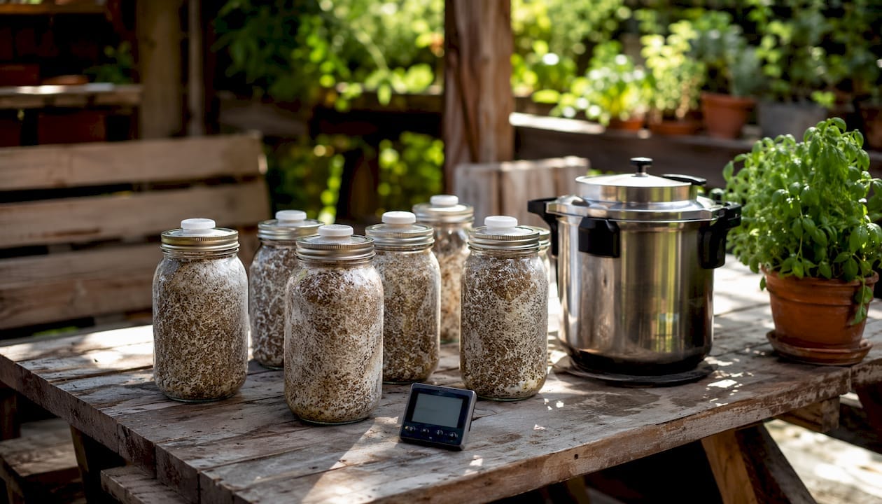Mason jars filled with mushroom grain spawn substrate