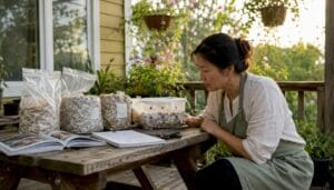 Woman inspecting mushroom growing containers at home