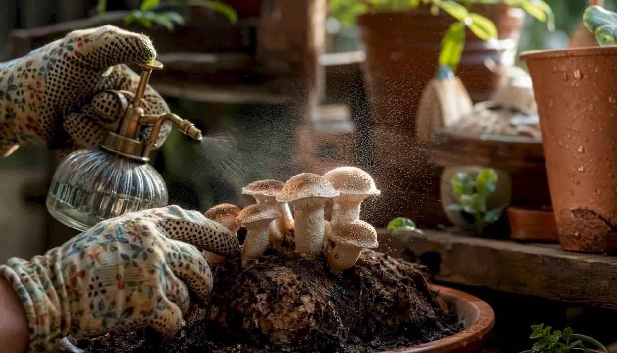 Hands misting fruiting body mushrooms in greenhouse