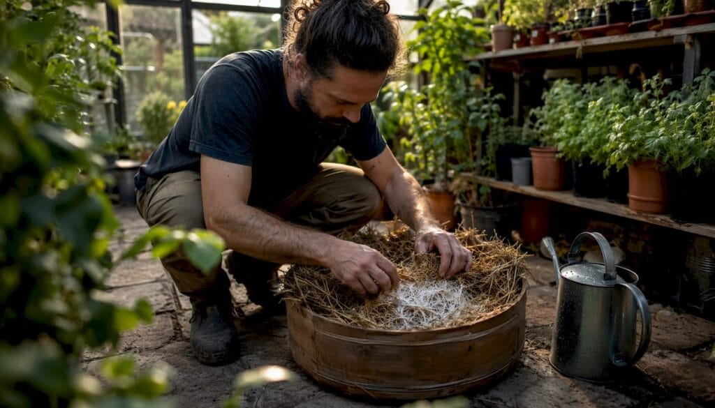 Hands inspecting mycelium growth on straw substrate