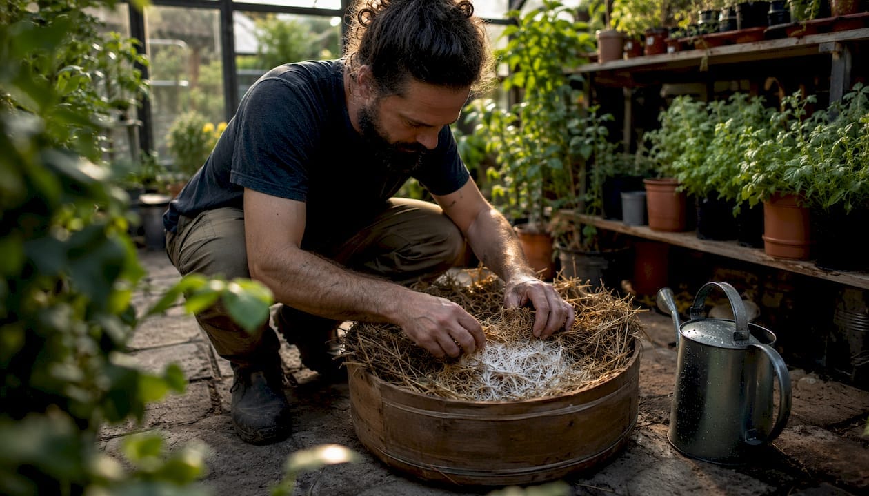 Hands inspecting mycelium growth on straw substrate