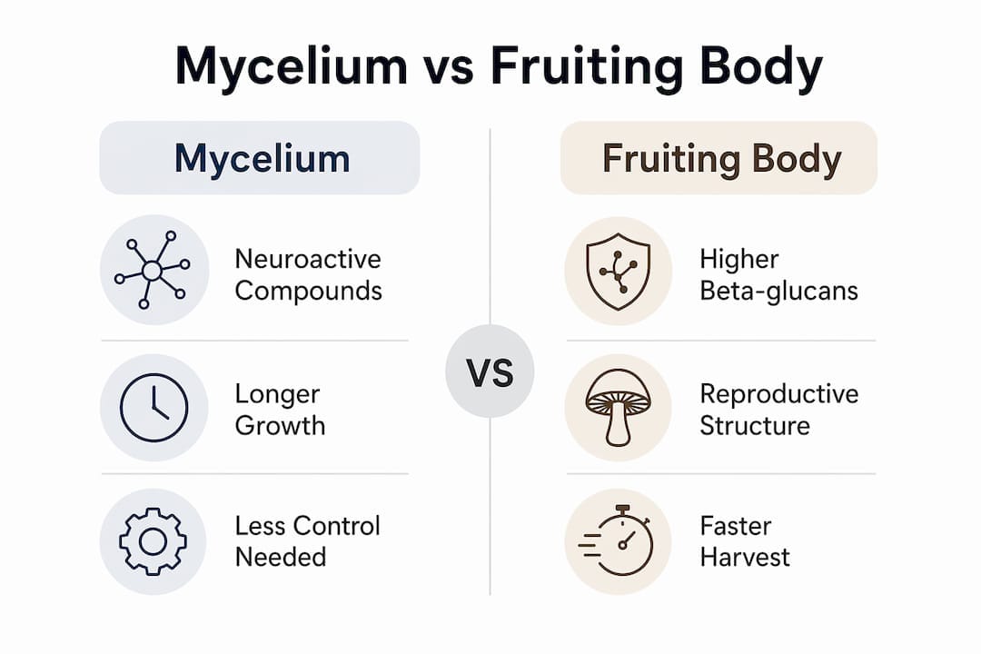 Infographic comparing mycelium and fruiting body compound profiles