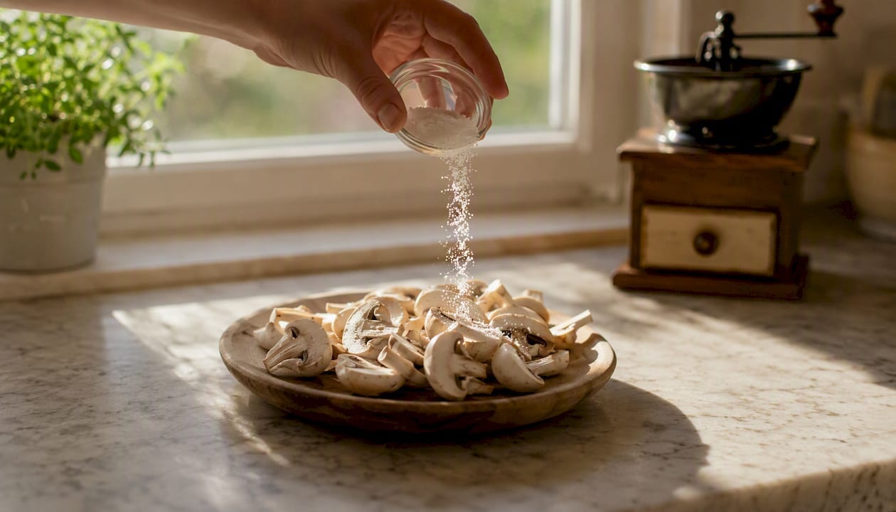 Hands applying anti-browning agent to sliced mushrooms
