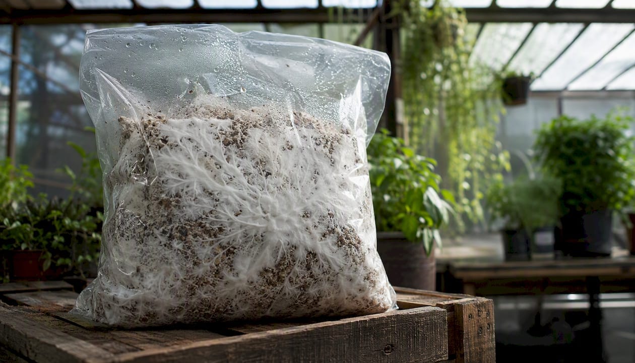 Close-up of healthy white mycelium growing in a bag