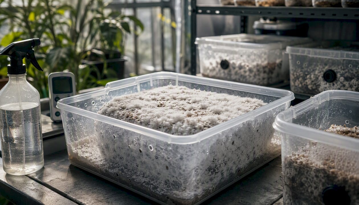 Overhead view of fluffy tomentose mycelium on substrate