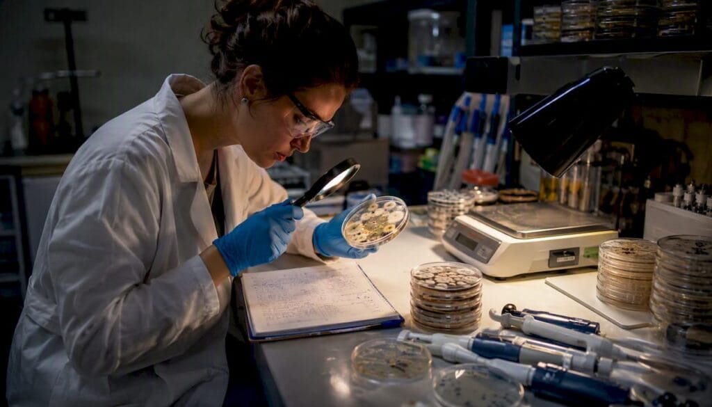 Scientist examining fungal colonies in lab