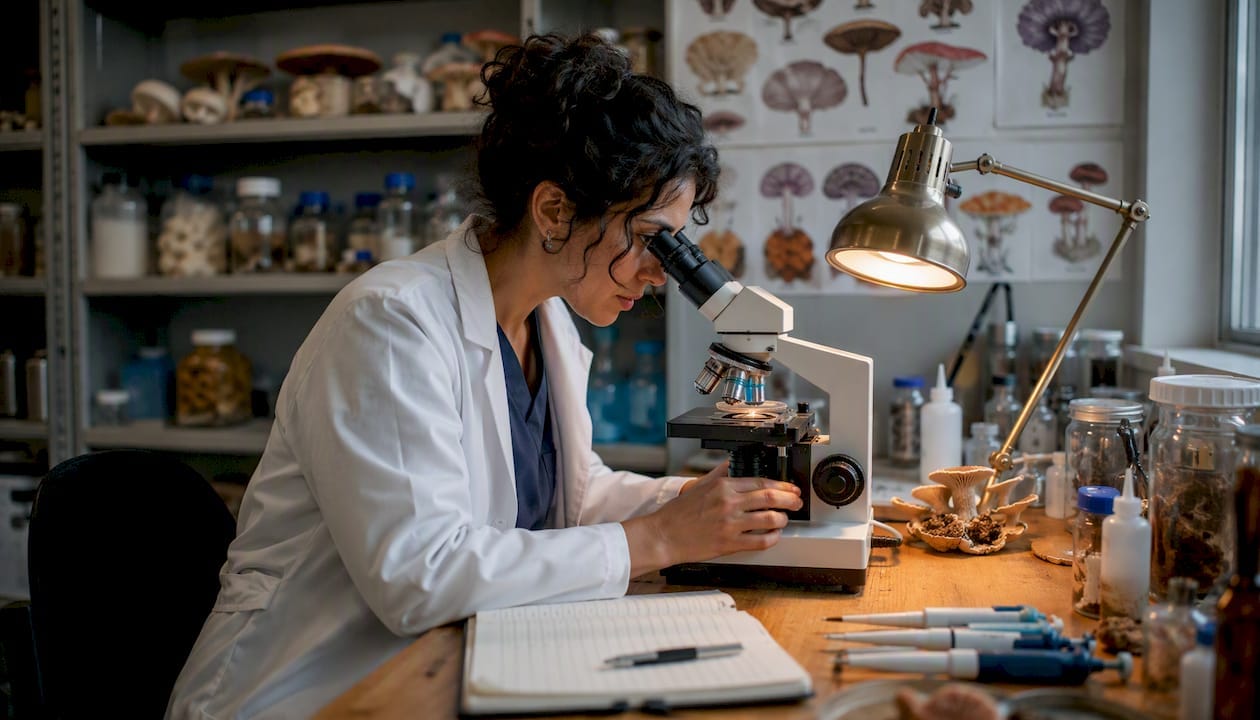 Hands focusing microscope on fungal sample