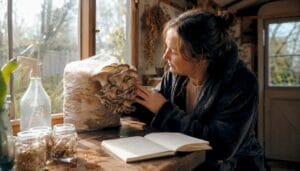 Woman inspecting oyster mushroom growth kit