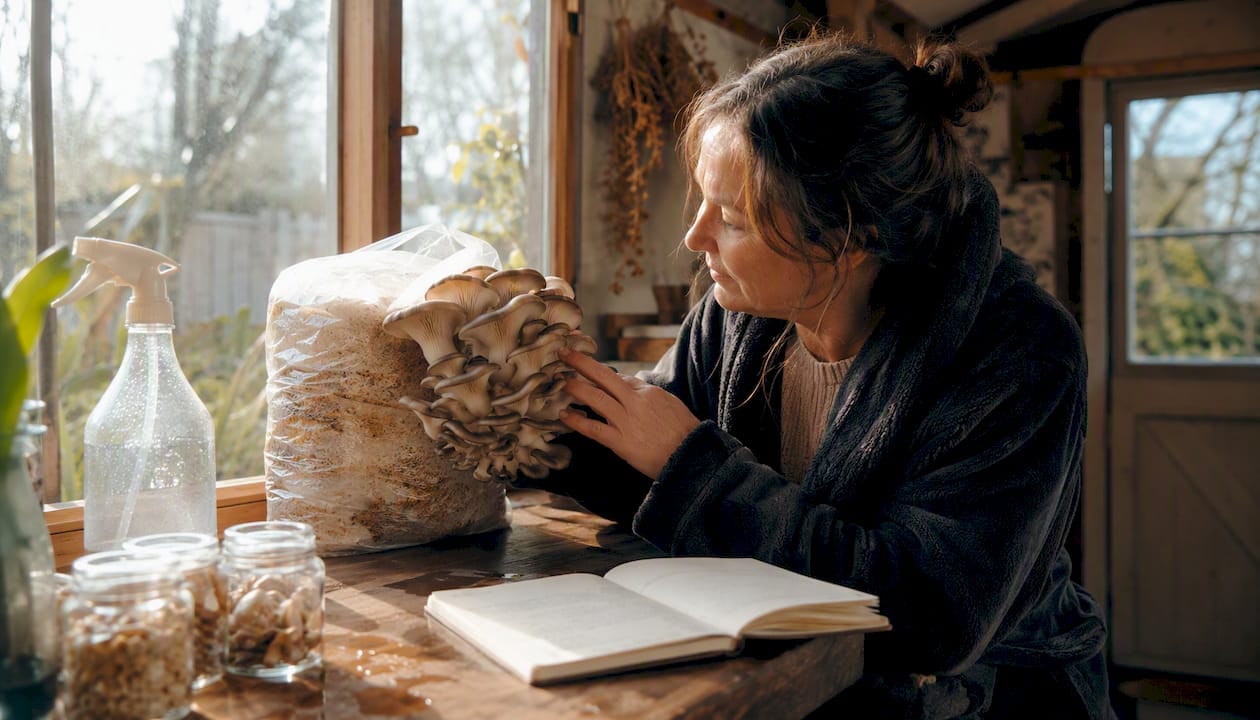 Woman inspecting oyster mushroom growth kit