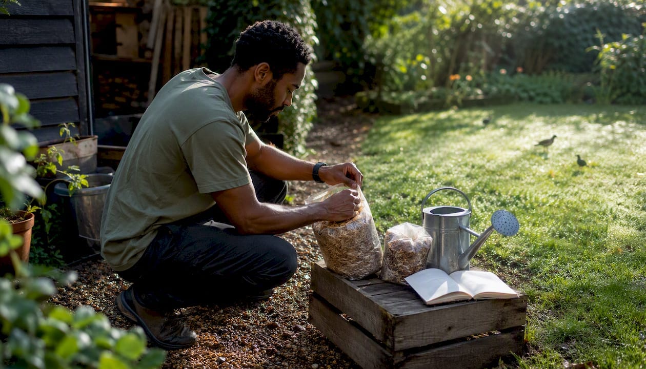 Man assembling oyster mushroom growing kit outdoors