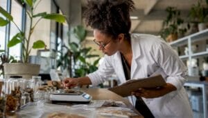 Scientist weighing dried mushroom samples in lab