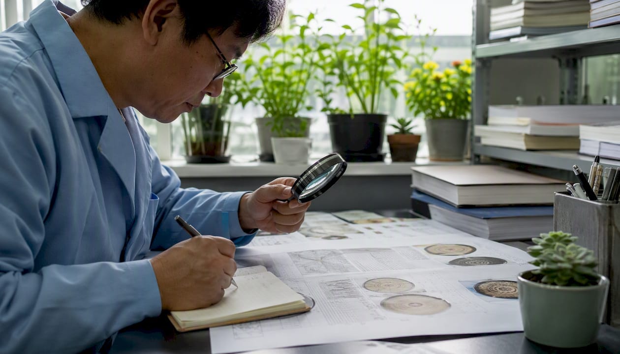Technician reviewing beta glucan assay data at desk