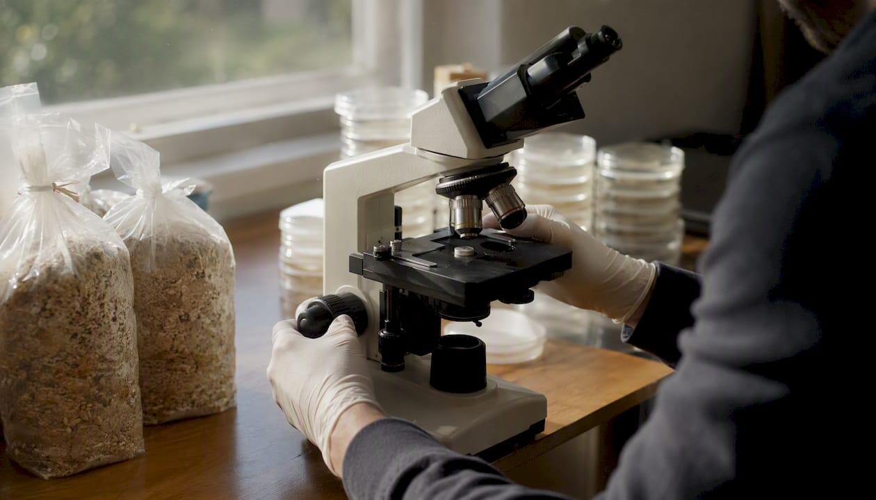 Microscope and sterile mycology lab supplies