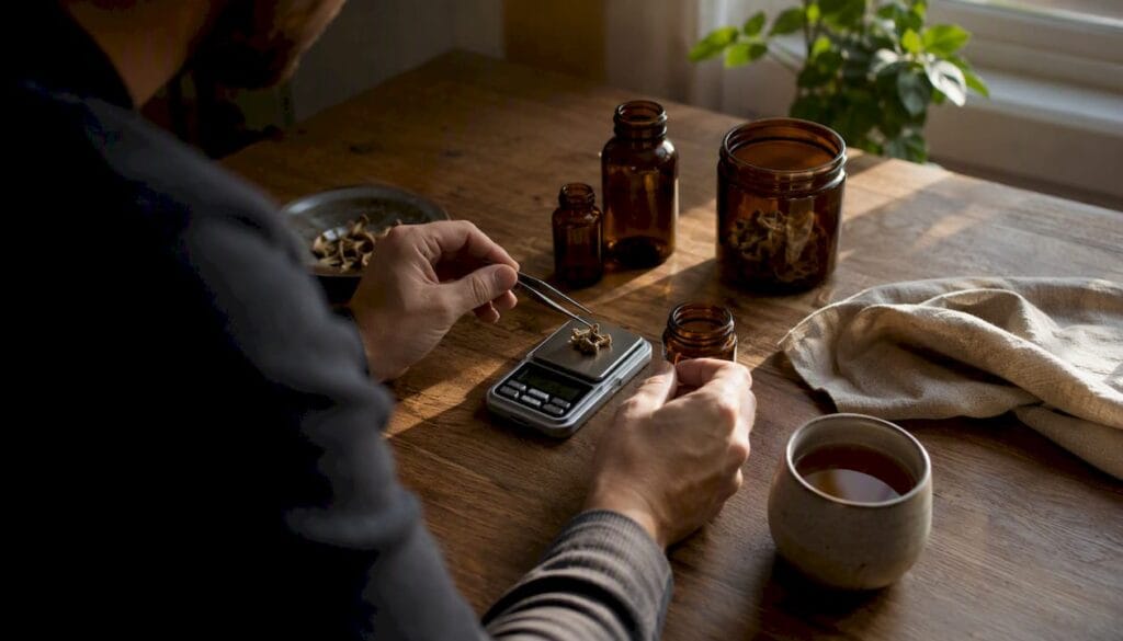 Hands measuring microdose of dried mushrooms