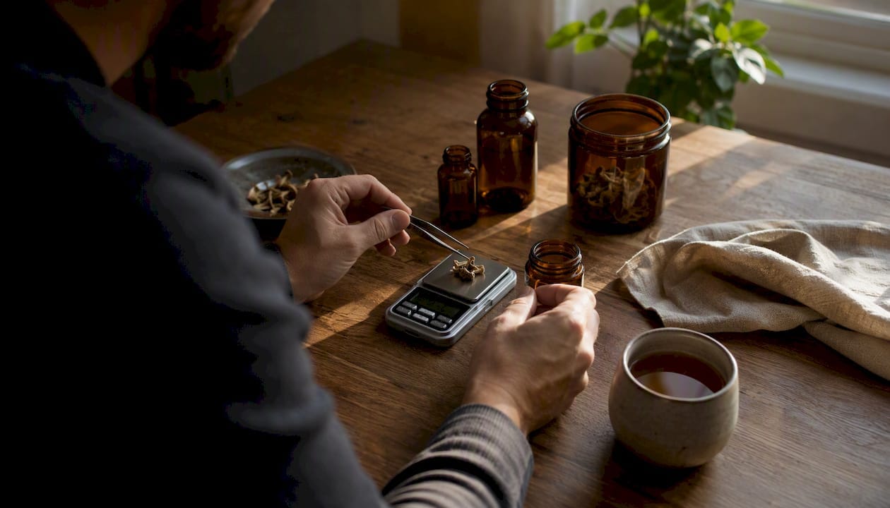 Hands measuring microdose of dried mushrooms