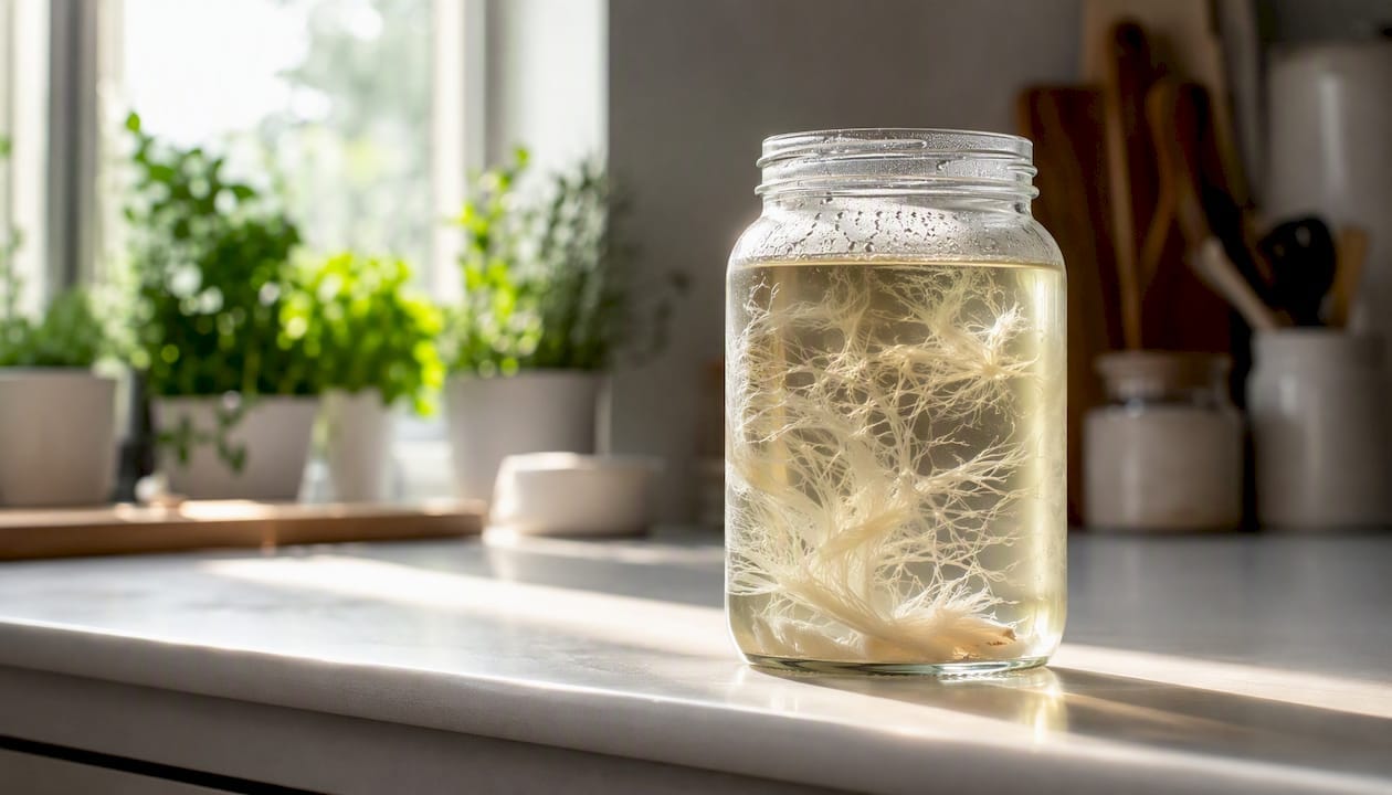 Close-up of healthy mycelium growing in liquid culture