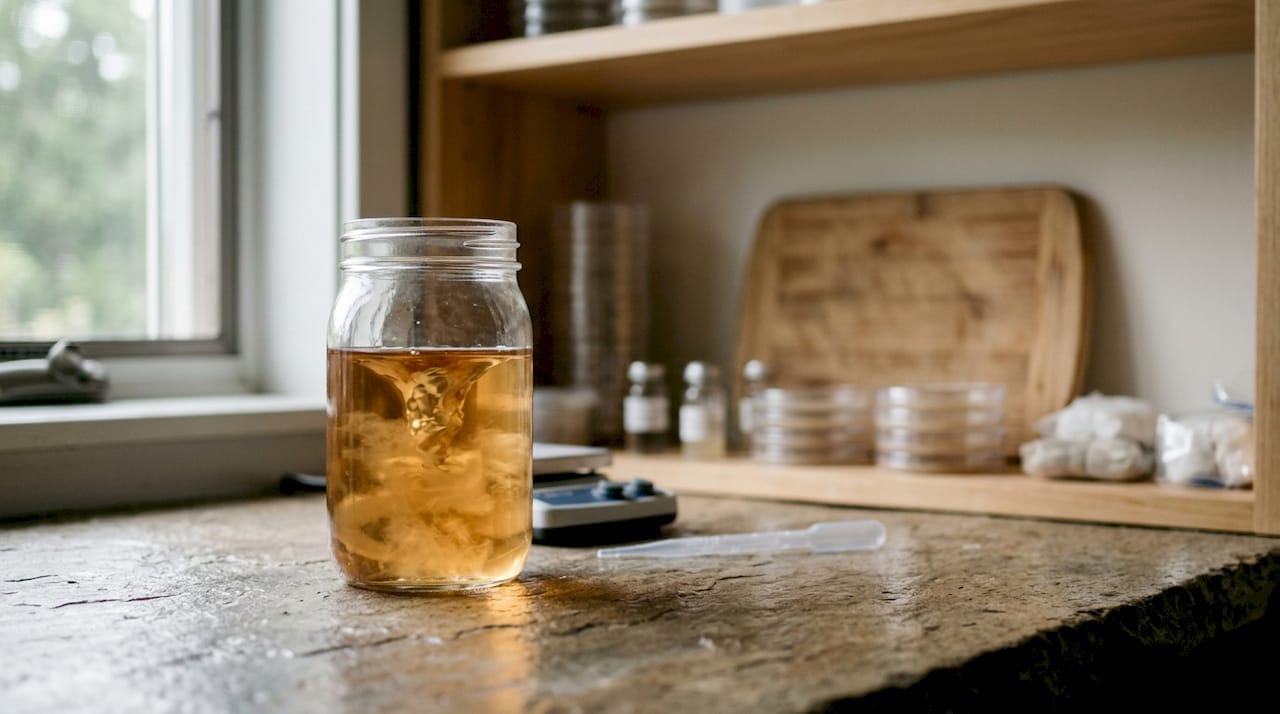 Liquid culture jar and syringes on clean table