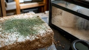 Close-up of Trichoderma contamination on substrate