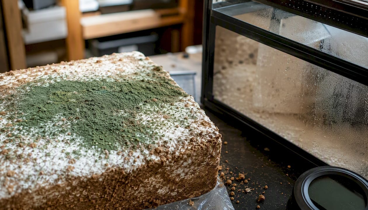Close-up of Trichoderma contamination on substrate