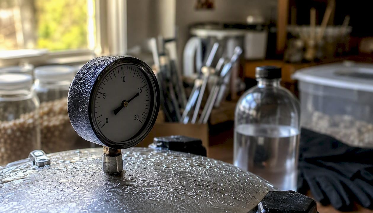 Pressure cooker gauge during sterilization
