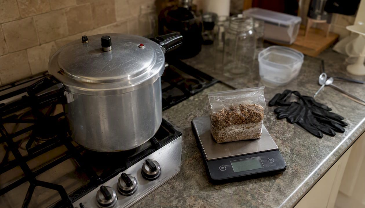 Home mushroom cultivation sterilization setup