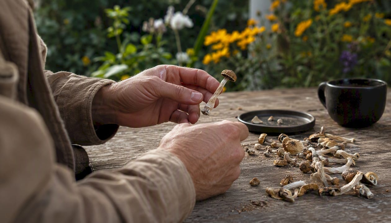 Hands inspecting dried magic mushrooms outdoors