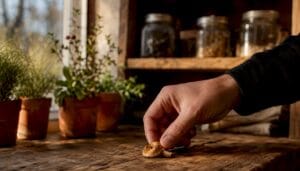 Hand holding dried Golden Teacher mushroom cap