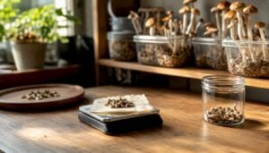 Scale measuring microdose of dried mushrooms